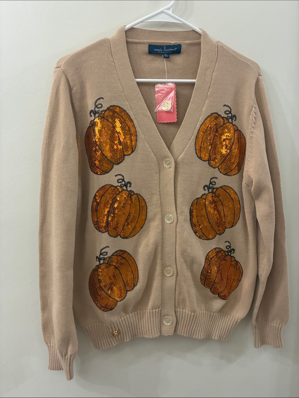 Simply Southern Tan Cardigan with Orange Sequin Pumpkins - NWT - size XL